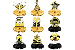 ETELIAR 9 Pz Compleanno Centrotavola a Nido Centrotavolo Compleanno Decorazione Nero e Oro Happy Birthday Addobbi Compleanno Tavolo per Feste Compleanno