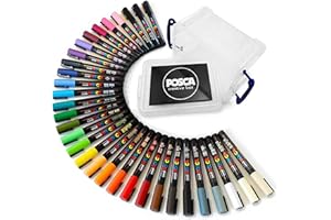 Posca Permanentny pisak do malowania na bazie wody - zastosowanie na wielu powierzchniach - stalówka PC-3M 0,9-1,3 mm - zestaw 32 długopisów w przezroczystej plastikowej wannie