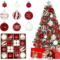 Hillylolly Set 42 Palline Albero Di Natale – Rosse E Bianche In Plastica Infrangibile – 6cm E 3cm Con 2 Stelle