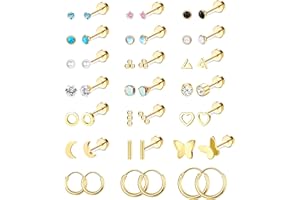 Finrezio 21 Pairs Stainless Steel Stud Earrings for Women Men Tragus Helix Cartilage Earrings Tiny Stud Earrings Gold Flat Back Earrings Butterfly Heart Piercing Stud Earrings Piercing Jewellery