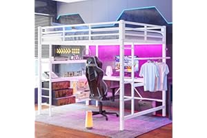 Wyibwy Letto a soppalco 140x200 cm con presa elettrica e USB,letto a castello matrimoniale 140x200 con luce e scala telecomandata, rampa,mensola,scrivaniain,per bambini,senza materasso,Bianco