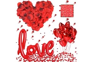 DASIAUTOEM Romantique Décorations Set, XXL Ballon LOVE 50 Bougies en Forme de Coeur 1000 Pétales Rose Rouges 10 Ballons Coeur Rouges, pour Fiançailles Décor Romantiques pour D'anniversaire Mariage