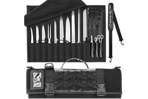 WISEPRO Chefs Knife Roll Bag, Heavy Duty Canvas & Leather Knife Case, Waterproof Knife Case with 10 Slots & 1 Detachable Storage Bag, for Home Kitchen Camping Hiking (Black)
