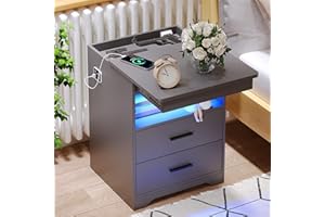 ‎FREDEES FREDEES LED Nachtisch mit Verstecktem Schublade, Nachttisch mit Ladestation und 3 Farben Menschensensorlichter, Moderner Nachttisch mit Stauraum, Grau
