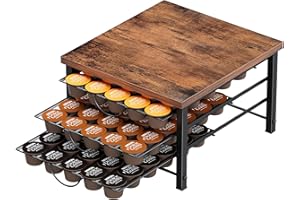 HFHOME Rangement Capsules 3 Niveaux pour Dolce Gusto, Support Métal Grande Capacité 90 Capsules, Porte Dosettes Antidérapant avec Plateau en Bois Vintage pour Cuisine