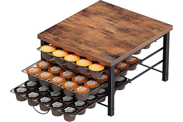 Rangement Capsules 3 Niveaux pour Dolce Gusto, Support Métal Grande Capacité 90 Capsules, Porte Dosettes Antidérapant avec Plateau en Bois Vintage pour Cuisine