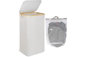 efluky - Cesto portabiancheria grande con coperchio, alto, 100 L, con manici in bambù, per vestiti e giocattoli, pieghevole, XXL, per vestiti sporchi, organizer per vestiti, beige