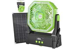 ASTARAMA Ventilador Solar,Ventilador de Camping con Panel Solar de 10W,10000mAh Ventilador USB Recargable Portatil con Pantalla LED, Temporizador, Luz,4 Velocidades Ventilador a Bateria para Exterior (Verde)