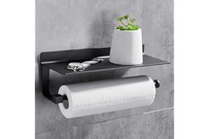Gricol Kitchen Roll Holder Adhesive Kitchen Paper Towel Holder with Spacious Shelf Roll Tissue Dispenser Wall Mounted No Drilling for Kitchen Bathroom Black
