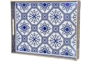 Simmer Stone Rechteckiges dekoratives Tablett aus Kunststoff mit Griffen, modernes Serviertablett für Ottomane, Couchtisch, Küche und Bad, 40 x 30 cm (blau-weißes Porzellan)