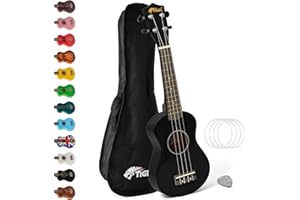 Tiger UKE7 ukulele sopranowe dla początkujących, zawiera torbę Gig Bag, filcową kostkę, zestaw zapasowy strun nowy na rok 2020, teraz wyposażony w struny Aquila – czarne