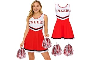 REDSTAR Cheerleader Outfit Adult Fancy Dress Costume - Halloween Cheerleader Costume Women Cheerleading Outfit with Pom Poms