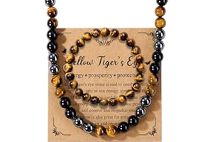 JSDDE Collier de perles pour homme avec bracelet - Oeil de tigre - Obsidienne - Hématite - Pierre précieuse naturelle - Pierre précieuse de guérison - Bracelet œil de tigre - Cadeau spirituel, Pierre