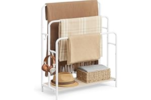 VASAGLE Porte Serviette Salle de Bain, Range Serviette, sur Pied, 3 Barres, 70 x 30 x 100 cm, 2 Crochets, Étagère de Rangement, Blanc Mat et Beige Naturel LLS019W01