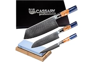Cassary Set de couteaux de cuisine professionnel en acier damas avec pierre à aiguiser Japonaise. Couteau japonais professionnel (pierre a aiguiser japonaise inclus) idéal pour tout chef (3 set)