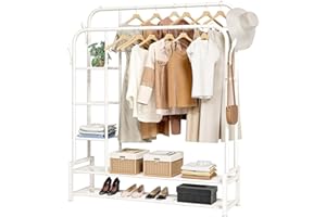 JOISCOPE Kleiderständer Auf 2 kleiderstangen, Platzsparenders Wandregal, Multifunktional Garderobenständer mit 3 Lagen Seitenablagen, 2 Lagen Bodenablagen, 4 Haken, Wohnzimmer Schlafzimmer, Weiß