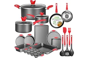 NutriChef Set 21 Pezzi di Pentole e Padelle Antiaderenti, Include Casseruole, Padelle, Teglie Forno Rotonde e Quadrate, Stampo per Muffin e Pane, Teglia per Pizza e Utensili in Silicone