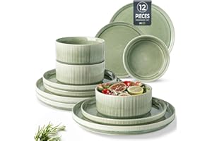 GBhome Stoneware Dinner Sets for 4 People, 12 Pieces Reactive Glaze Handcrafted Plates and Bowls Set, Scratch Resistant Dinnerware Set, Dishwasher & Microwave Safe Crockery Set, Quiet Green