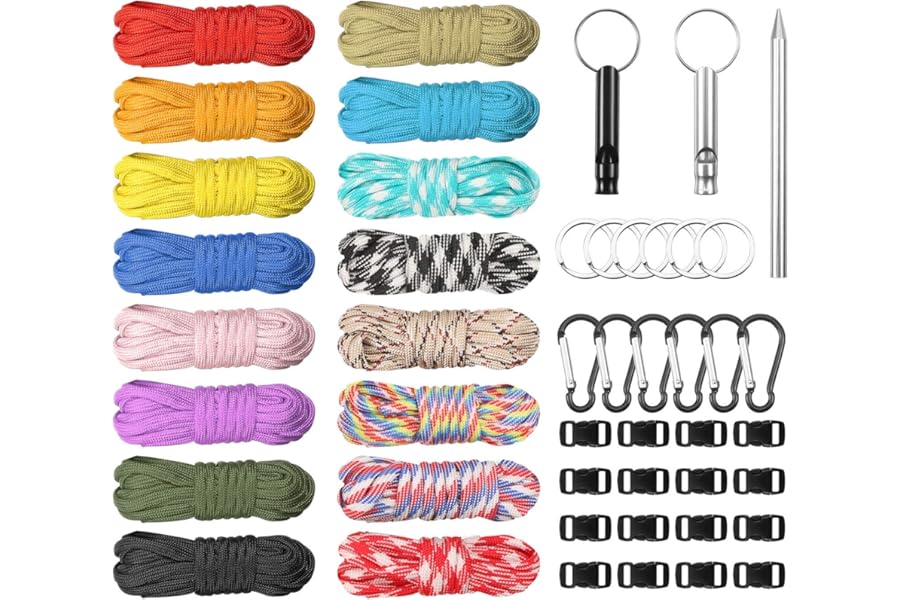 Meng Jiaran 160 Feet 16 Colors Paracord Cord with Buckles Keychain Key Rings and 3 Piece Lacing Needle Stitching Needles Kit,Paracord Combo Crafting Kits