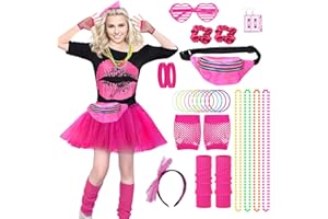 Crusward 80s Fancy Dress for Women Girls, 1980s Fancy Dress Costume Accessories Set, Women 80s T-Shirt Tutu Skirt Bumbag Leg Warmer Earrings Fishnet Gloves Necklace Glasses Bracelet Headband
