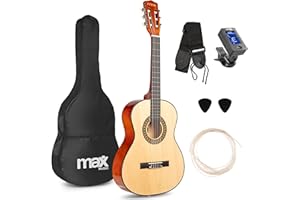 Max SoloArt Pack Guitare Classique Junior 3/4 - Bois Naturel Clair, Cordes en Nylon, 8 à 12 ans, Sac de Transport, Médiators, Sangle, un Cadeau pour Enfants Idéal pour Débuter la Guitare