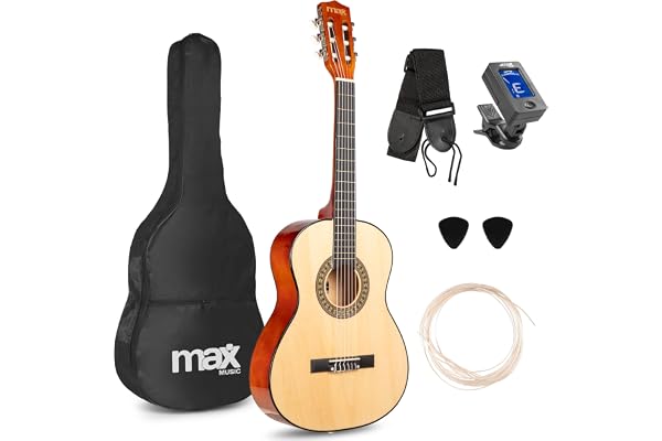 Max SoloArt Pack Guitare Classique Junior 3/4 - Bois Naturel Clair, Cordes en Nylon, 8 à 12 ans, Sac de Transport, Médiators, Sangle, un Cadeau pour Enfants Idéal pour Débuter la Guitare