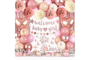 PAEYEQ Pink Baby Shower Decorations for Girl, Boho Dusty Blush Pink Rose Gold Beige White Latex Balloons Welcome Baby Banner Its A Girl Cake Topper Pom Poms Fringe Curtain for Girls Birthday Party Decoration