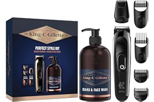 King C. Gillette Recortadora Para Hombre, Kit De Regalo, Máquinilla de afeitar, Recortadora De Barba Eléctrica Y Gel Limpiador 3 En 1 Para Barba, Rostro Y Pelo, 350 ml