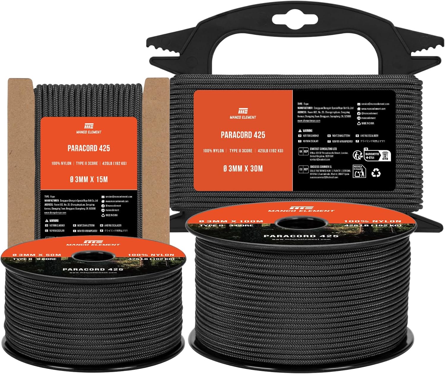 Manco Element 3mm Paracord 425 Tipo II 30m Negro | 100% Nylon Cuerda 3 Hebras | Ideal para Al Aire Libre, Camping, Supervivencia, Bricolaje