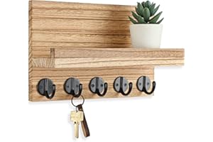 Lwenki Key Holder for Wall, Decorative Key and Mail Holder with Shelf Has Large Key Hooks for Bags, Coats – Paulownia Wood Key Hanger with Mounting Hardware (9.8”W x 6.7”H x 4.2”D) (Burnt wood)