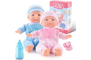 Toy Choi's Twin Baby Doll Set - 12" Soft Body Pink & Blue Baby Dolls with Rompers and Hat Pacifier and Doll Bibs, Preschool Toy Gift for Toddler and Kids