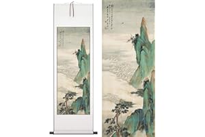 BAUGHEY CHINLUM Orientalische Gemälde,Chinesische Malerei Bilder,Asiatische Rollbilder,China Büro Dekoration，Asia Restaurant Dekoration，Japanische Wanddeko Seidenmalerei，QingLv Grün Bergkarte,Figurenmalerei,40*119cm