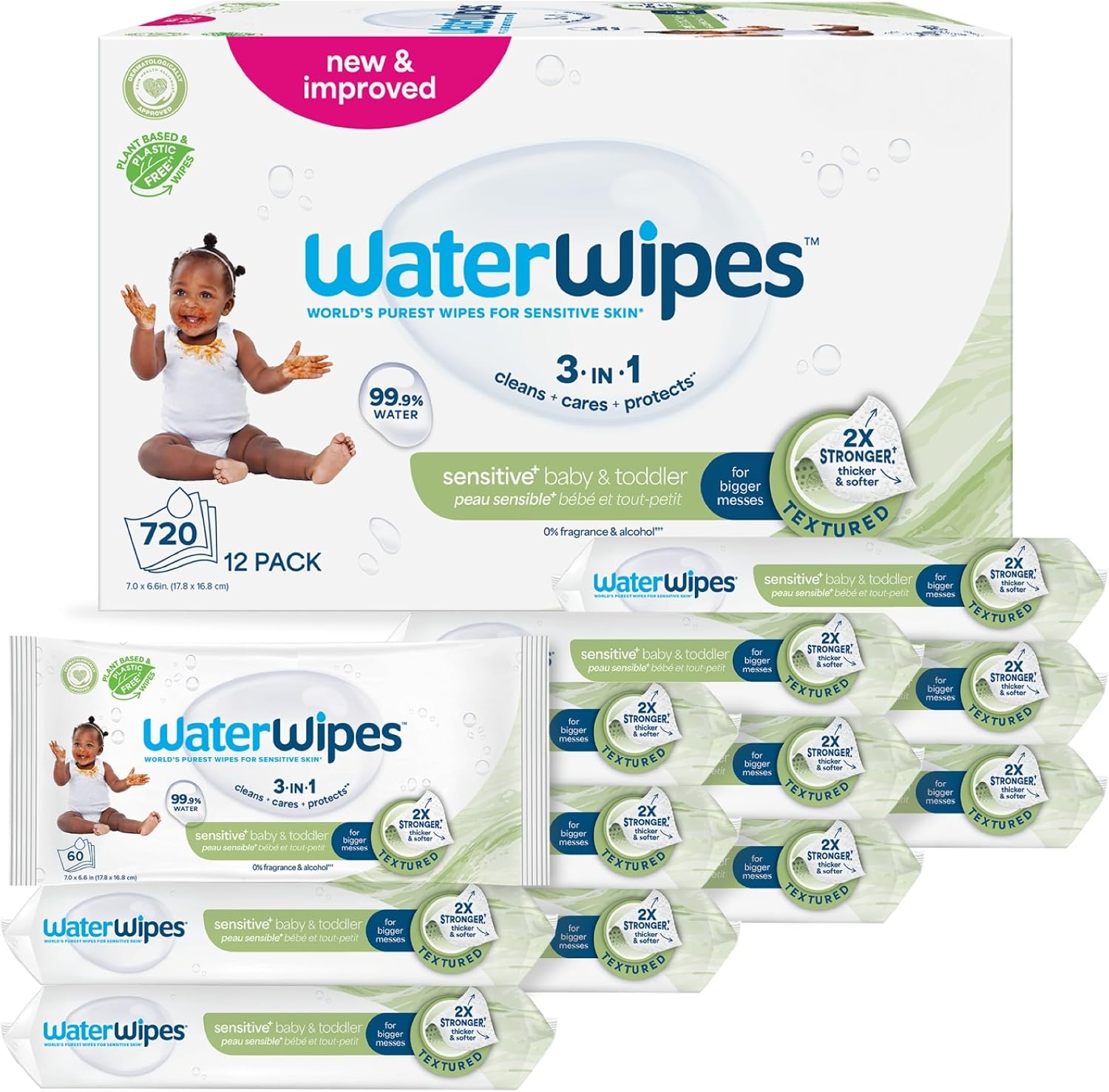 WaterWipes Sensitive+ Baby & Toddler Wipes, 720 Count (12 Packs), 3-In-1 Cleans, Cares, Protects, 99.9% Water, Textured Clean, Unscented
