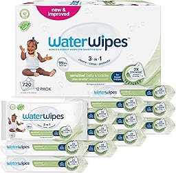 WaterWipes Sensitive+ Baby & Toddler Wipes, 720 Count (12 Packs), 3-In-1 Cleans, Cares, Protects, 99.9% Water, Textured Clean, Unscented