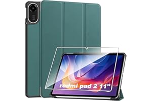 Heioloo Funda para Redmi Pad 2 de 11", Protectora Carcasa con Auto-Sueño/Estela, + [1 Piezas] Templado Protector de Pantalla [PU Cuero] [Ultradelgada Carcasa] [Función de Soporte] Verde