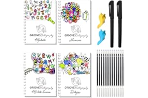 Groove Calligraphy Cuadernos Reutilizables.4 Libros A4 con Ranuras.Alfabeto,Cursiva,Números,Dibujos+2 Bolígrafos Mágicos+10 Recambios con Tinta que Desaparece+2 Correctores de Postura de Dedos