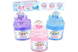 AXCOIUP 3 Packs Axolotl Cloud Slime with Pink, Blue and Purple Axolotl Charms, Scented Cloud Slime Party Favor for Girls & Boys, Super Soft, Birthday Gifts, Goodie Bag Stuffers, Classroom Rewards for Kids