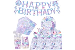 AKONE Meerjungfrau Partygeschirr Set 62 Stück, Meerjungfrau Geburtstag Deko für Kinder, Kindergeburtstag Partygeschirr Pappteller, Tassen, Servietten, Tischdecken und GeburtstagBanner