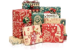 Toptime Geschenkpapier Weihnachten, 8 Blatt Weihnachtspapier mit Geschenkanhänger, Aufkleber und Schnur, Kraftpapier mit Lustigen Weihnachtsmustern, Geschenkverpackung für Feiertage, Partys, 70x50cm