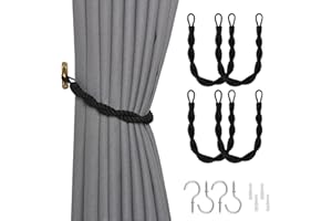 Pretty Jolly 4 Pack Natural Cotton Rope Curtain Tiebacks Elegant Boho Style Decor Drape Tie Backs Soft Hand-Woven Double Rope Curtain Holdbacks with Metal Hook for Home & Office Drapery (Black)