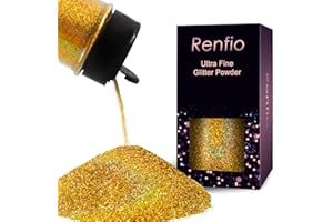 Renfio Fiocchi olografici in polvere glitterata ultra fine, in resina metallizzata, per artigianato, paillettes, trucioli epossidici, per bicchieri, slime, pittura, nail art, 50 g, colore: oro laser