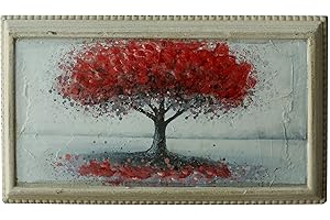 CVHOMEDECO. Rustic Vintage Hand Painted Wall Art Framed Ready to Hang Wall Hanging 3D Painting Decoration Art, Landscape Red Tree Flower Design, 14.75 x 8.5 Inch