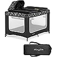 Dream On Me Emily Rose Deluxe Playard in Black and White with Infant Bassinet and Changing Tray, Lightweight Portable and Convertible Playard for Baby, Breathable Mesh Sides and Soft Fabric