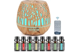 GuKKK Aroma Diffuser, 400 ml Ultraschall Befeuchter mit Fernbedienung, Holzoptik Aromatherapie Düfte Luftbefeuchter, 7 Farben LED, Fernbedienung mit Timer-Einstellung, für Schlafzimmer, Yoga, Büro