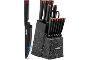 Couteaux de Cuisine avec Bloc, FOHERE 13 Pièces Couteaux de Table en Acier Inoxydable avec Affûteur Intégré, Bloc de Couteaux Professionnel avec Support,Granit Noir