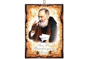 KUSTOM ART Tableau de style vintage Padre Pio Saint Pio « Benedici Questa Casa » de la collection Impression laser sur bois, fabriqué en Italie