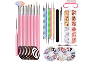 TPUBMITY Pinceles para Pintar Uñas,Kit de Manicura Diseño con 15 Brochas de Uñas,Accesorios Decoración para DIY Uñas,Copos de Hoja de Oro,5 Lápiz de Punto,10 Cintas Adhesivas Uñas y Diamantes de Imitación