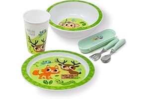 damaloo Animali della foresta Set Stoviglie Bambini - Piatto, Ciotola, Tazza e Posate Bambini, Set Pappa Bimbo per Colazione, Pranzo e Cena, Riutilizzabile e Senza BPA