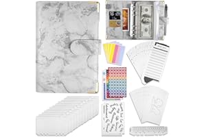 YOSEMY Yosmey A6 Binder Budget Planner,49-in-1 Budget Binder Marmor-Leder 6 Löcher Ringbuch Binderumschlägen mit 12 Budgetblätter,12 Binder Taschen,4 Etikettenaufklebern,5 Stickers,1 Ruler,14 Wochenplaner