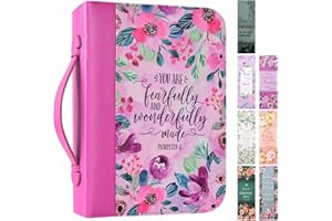 FAITHFUL HERS Bible Covers Case for Women Large Leather Bible Carrying Cases Holder Pink 10.8"x7.8"x2" Floral Bible Carrier Tote Bags with Bookmarks Handles Pockets Christian Study Bible Book Gifts